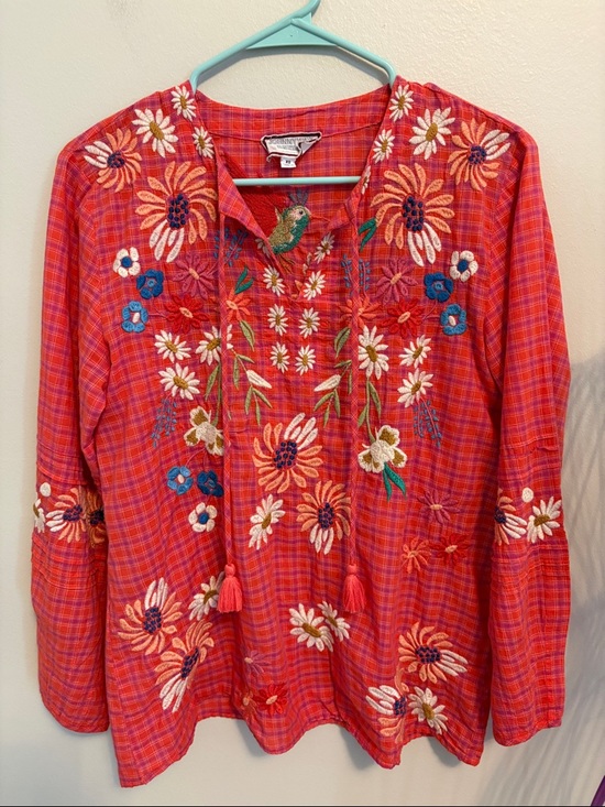 Johnny Was Tops - Johnny Was Workshop Red and Purple Plaid Embroidered Floral Peasant Blouse